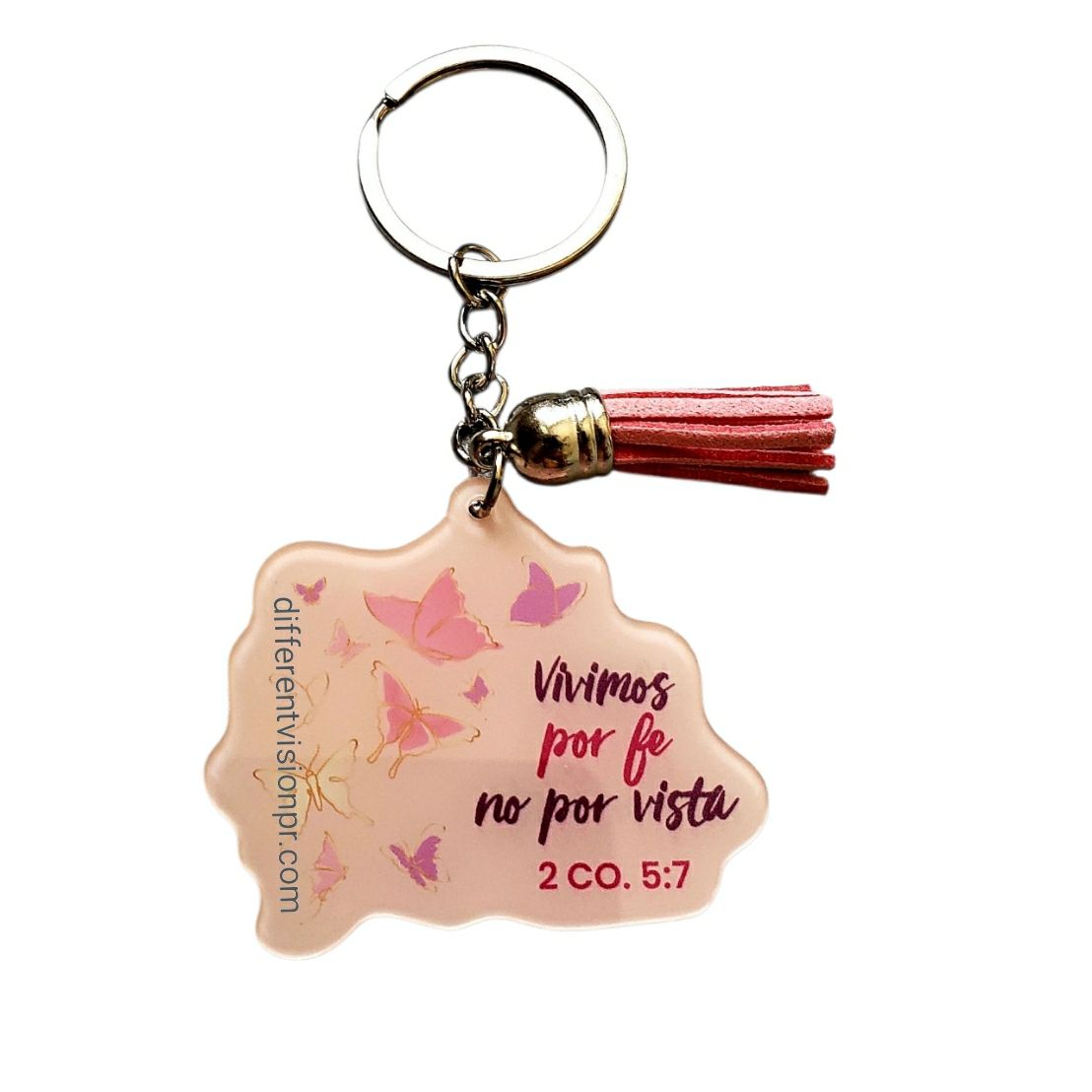 Llavero acrílico con pon pon decorativo - Vivimos por Fe
