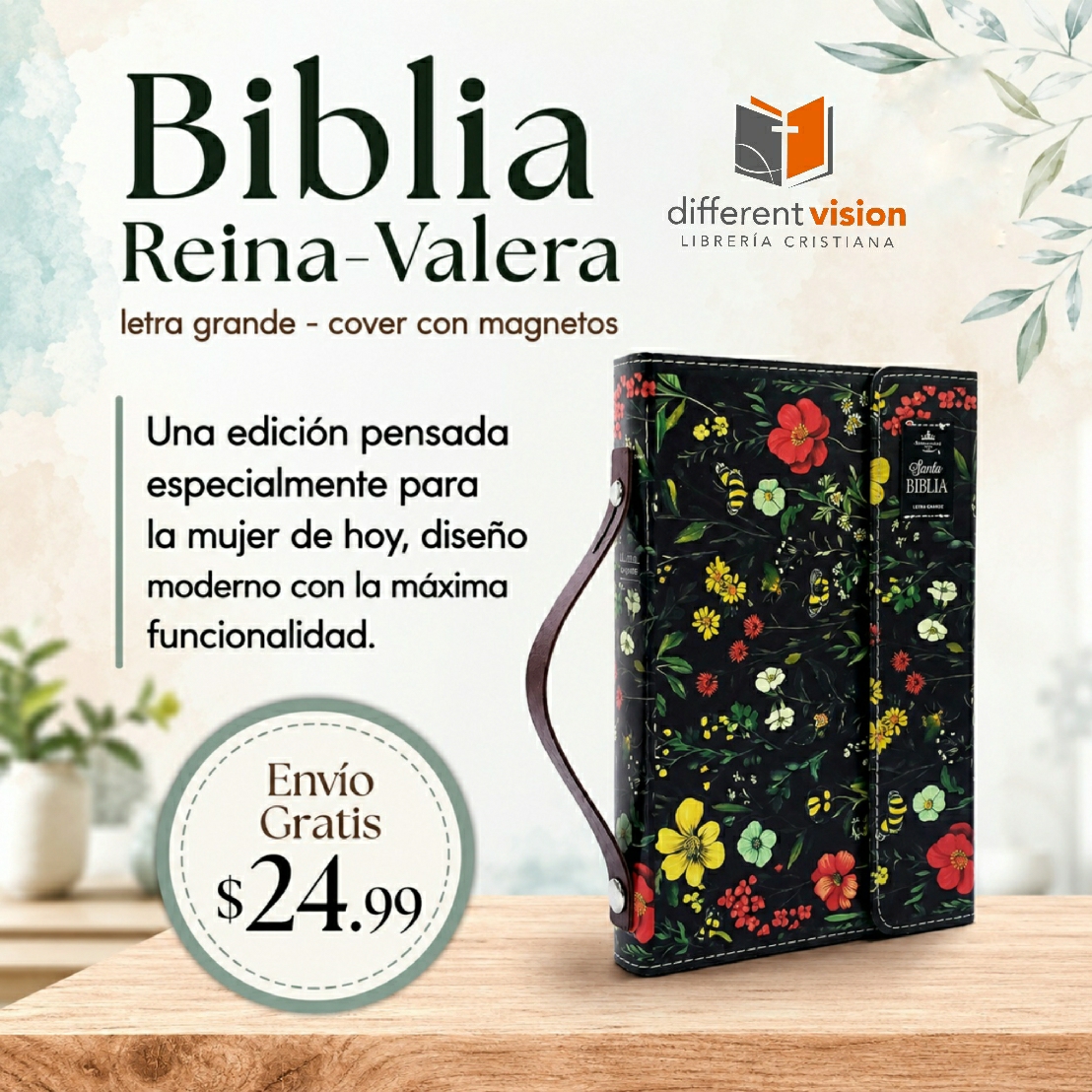 Biblia RVR60 Tamaño manual con broche y Magnetos. Floral sobre negro (Free Shipping)