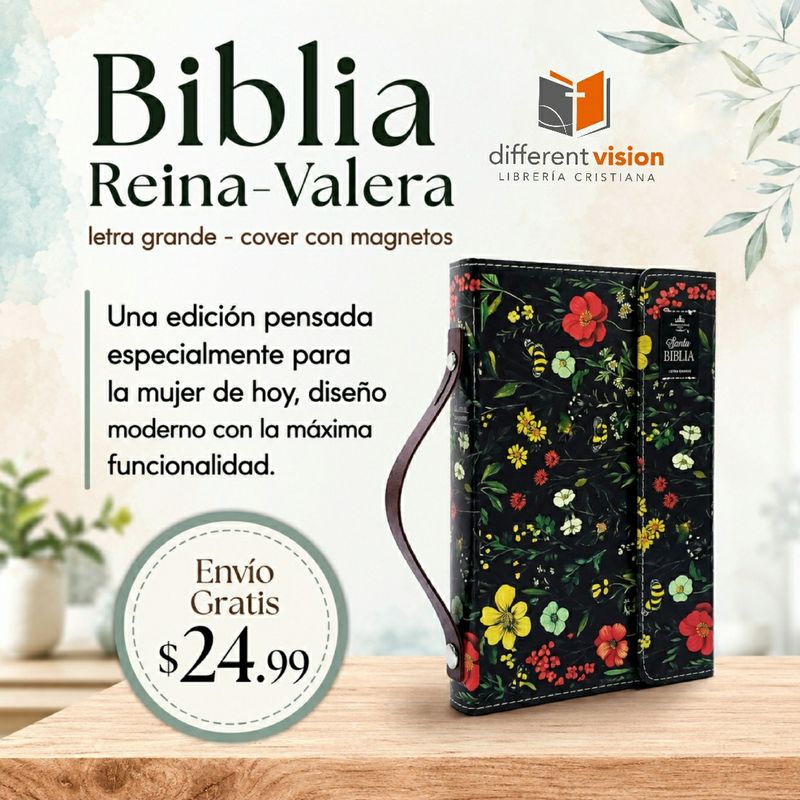 Biblia RVR60 Tamaño manual con broche y Magnetos. Floral sobre negro (Free Shipping)