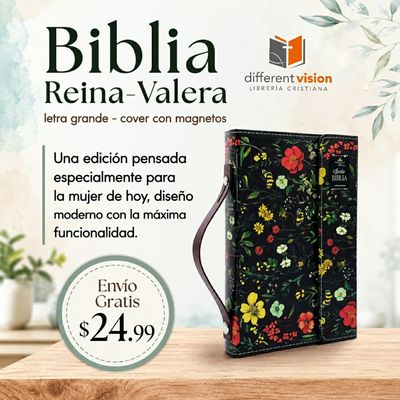 Biblia RVR60 Tamaño manual con broche y Magnetos. Floral sobre negro (Free Shipping)