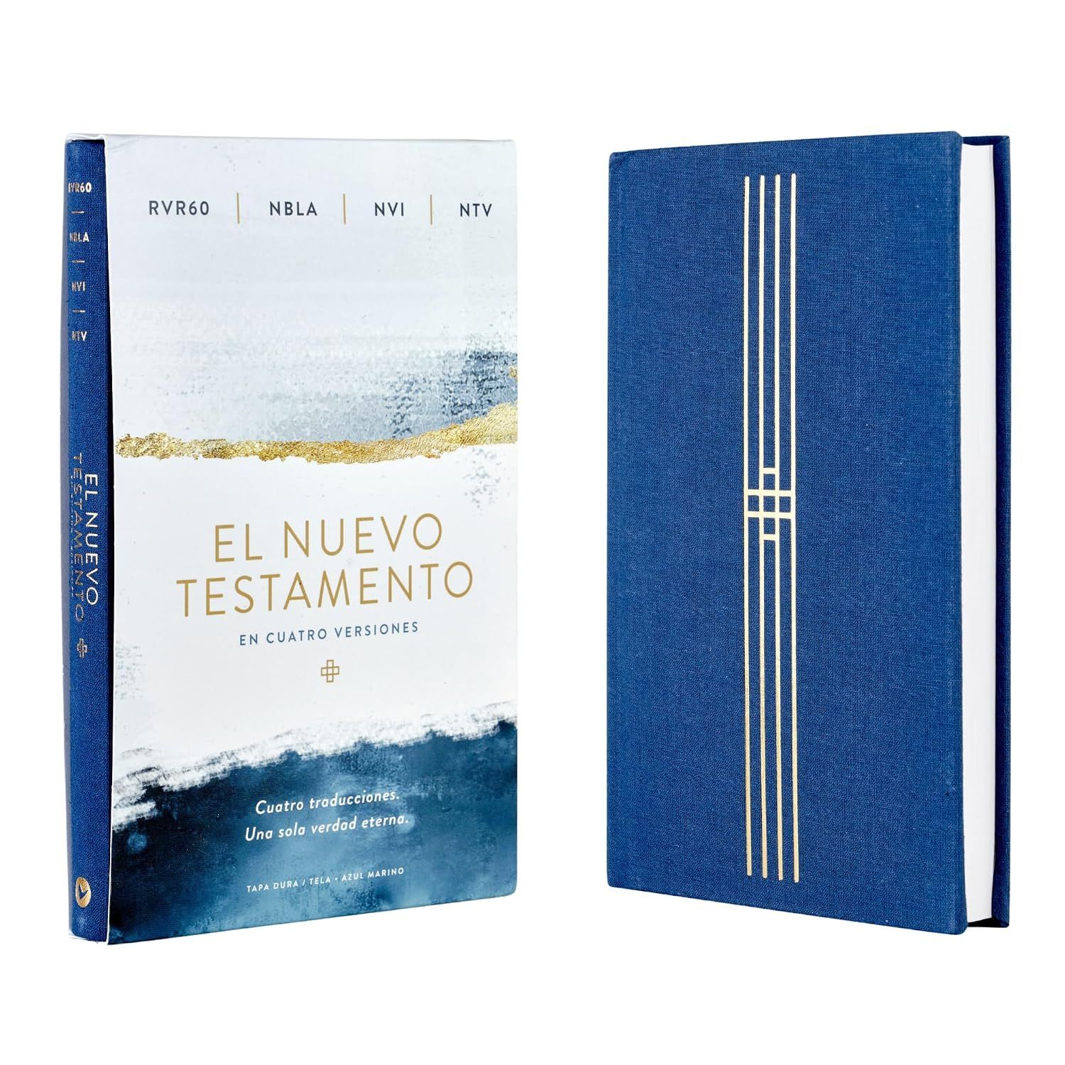 El Nuevo Testamento cuatro versiones, (RVR60, NBLA, NVI, NTV) Tapa dura/tela, Azul marino (Free Shipping)