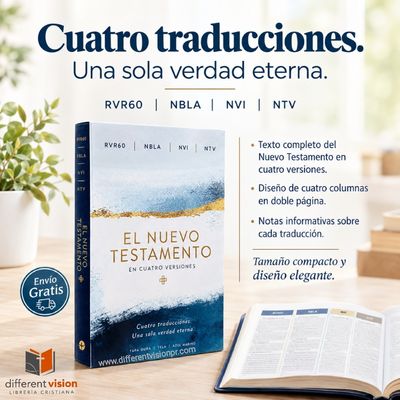El Nuevo Testamento cuatro versiones, (RVR60, NBLA, NVI, NTV) Tapa dura/tela, Azul marino (Free Shipping)