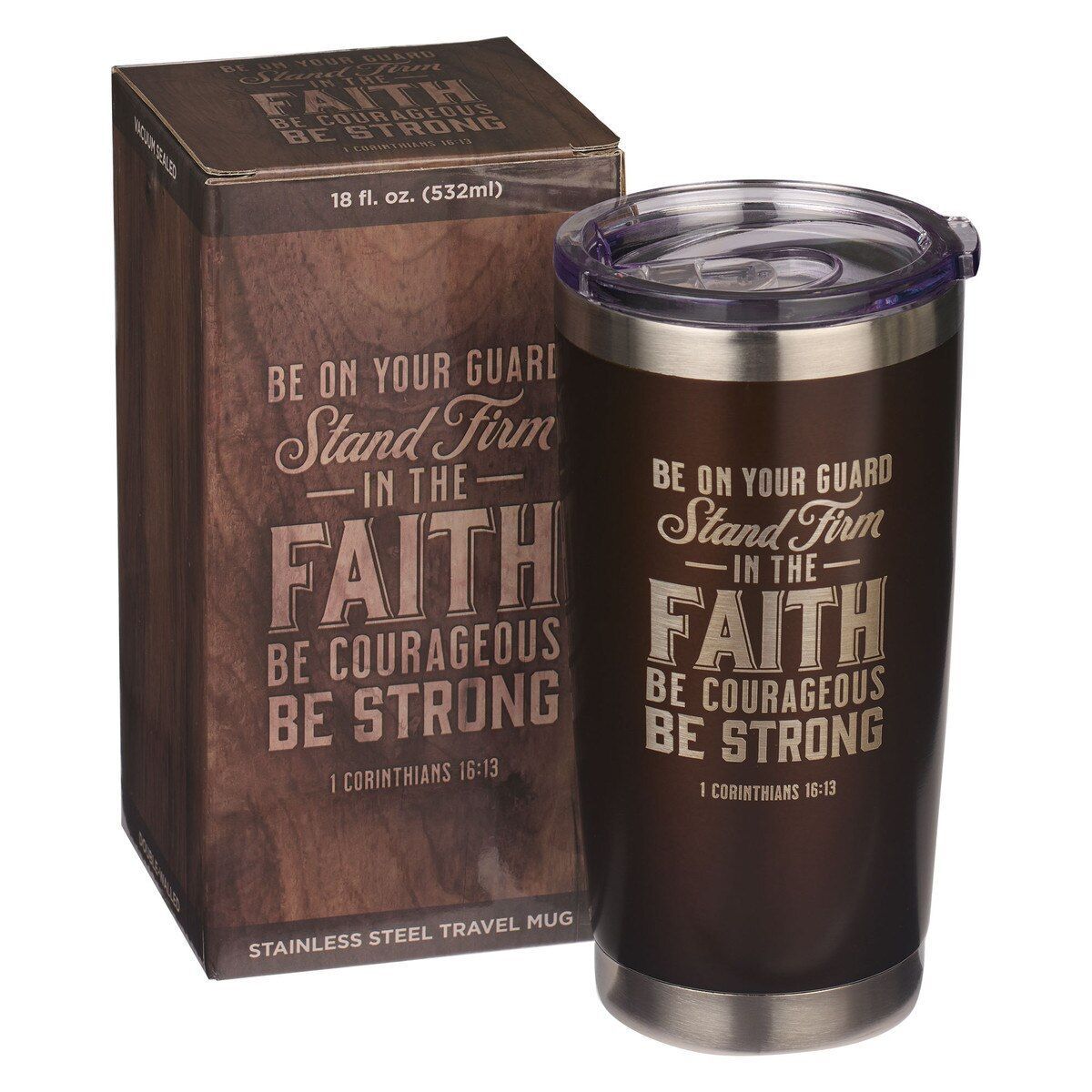 Taza de acero inoxidable marrón "Mantente firme" - 1 Corintios 16:13