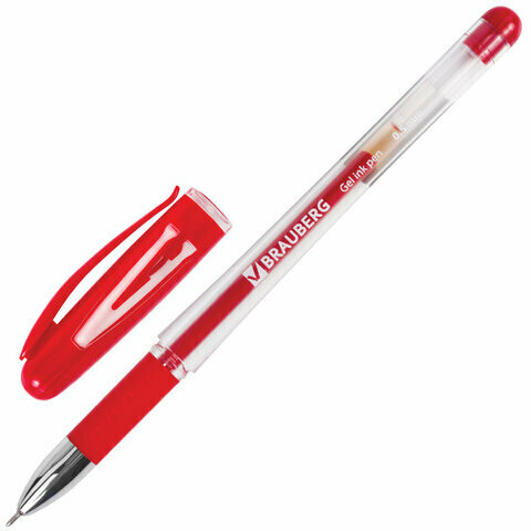Ручка гелевая 0.5мм BRAUBERG "Geller" грип, игольч.узел 141181 красная