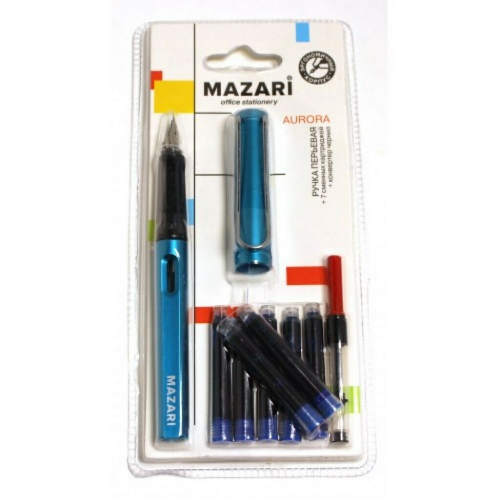 Ручка перьевая MAZARI "Aurora" +7 картриджей, конвертер M-5552B-70 синяя