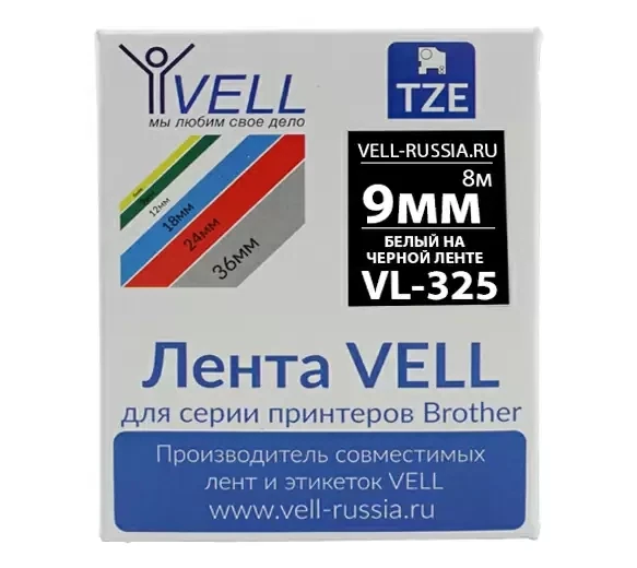 Лента VELL VL-325 9мм (белый на черном) Vell325