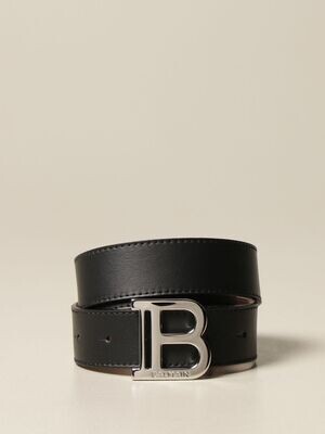 Balmain - Cintura in pelle nera con fibbia logo argento