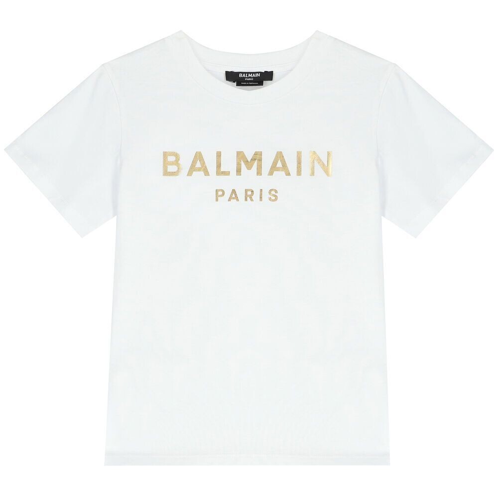 Balmain-t-shirt bianca logo dorato, size: 12 anni