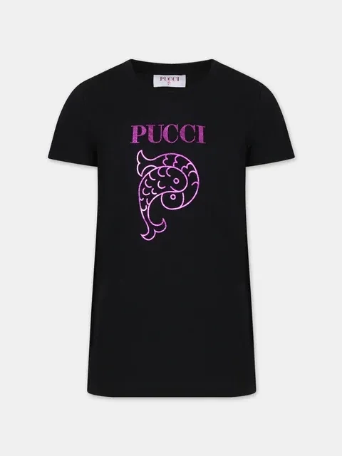 Pucci - T-shirt nera logo metal, Size: 13 anni