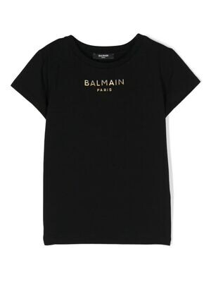 Balmain - T-shirt nera logo oro argento