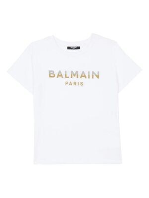 Balmain - T-shirt bianca logo oro argento