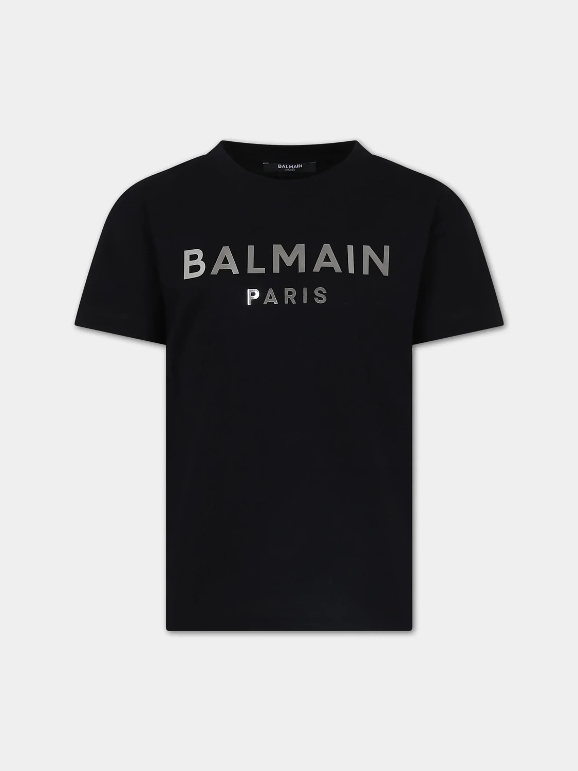 Balmain - T-shirt nera logo metal argento, Size: 13 anni