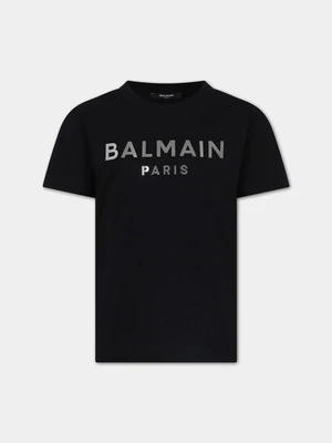 Balmain - T-shirt nera logo metal argento