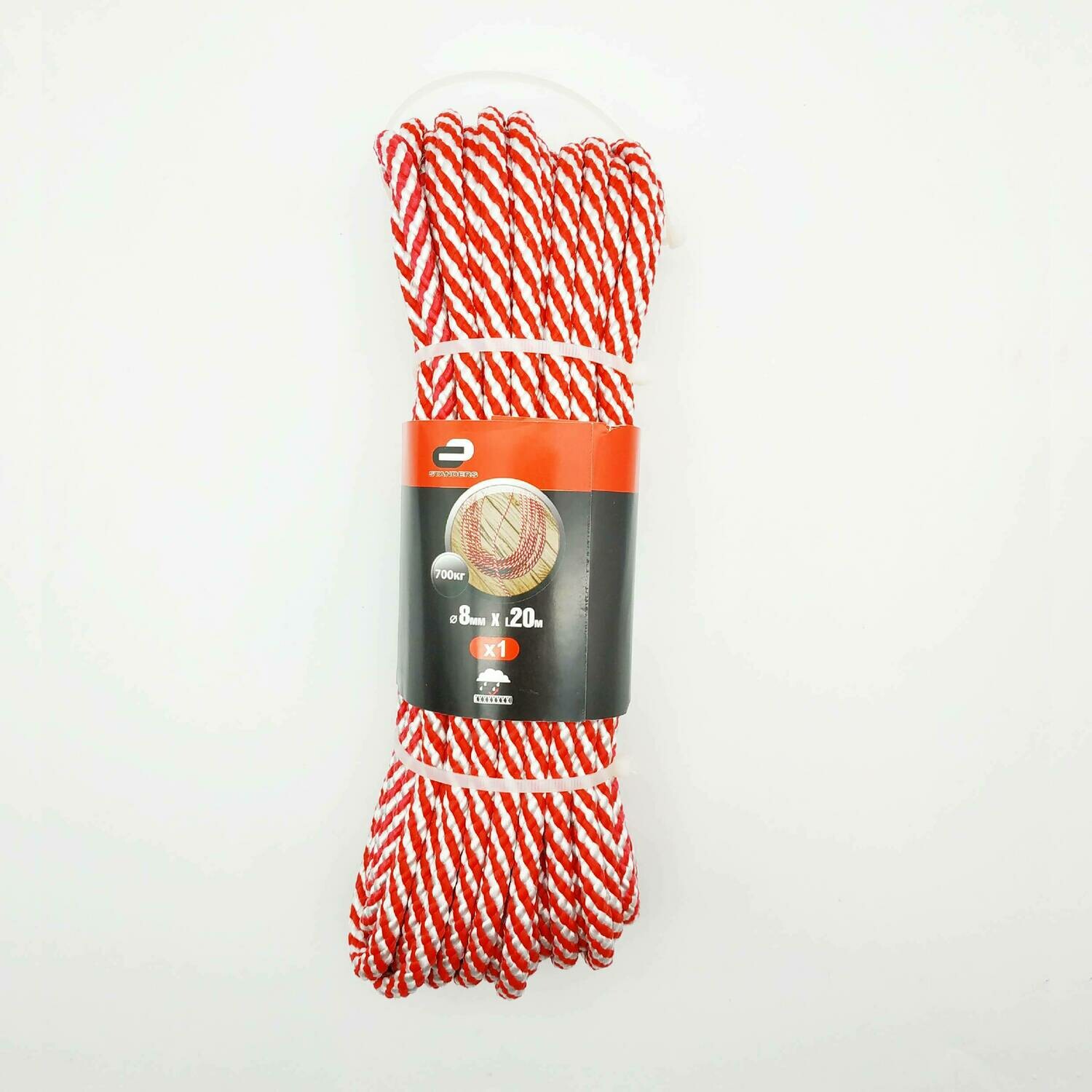 Веревка (Шнур) спирального плетения Standers 8 мм, 20 м, на 700 кг., полипропилен, цвет белый/красный