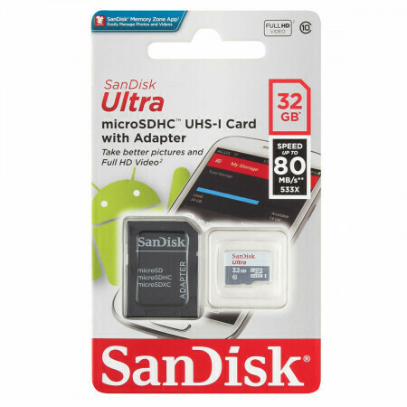 Карта памяти SanDisk MicroSDHC 32GB Сlass 10 Ultra 80 МБ/с с адаптером