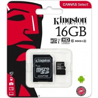 Карта памяти Kingston microSDHC 16GB Class 10 UHS-I с адаптером