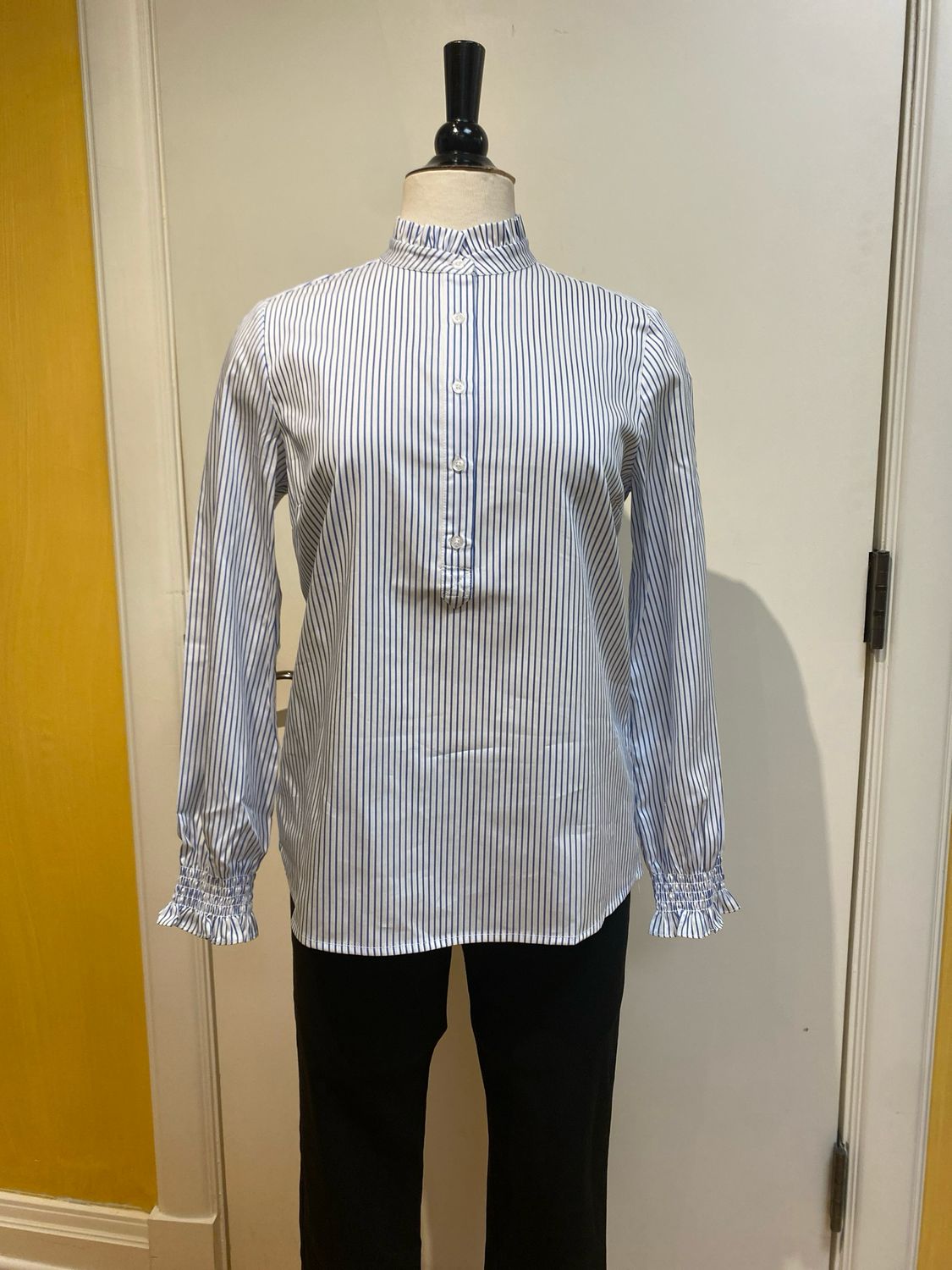 Gwen Ruffle Neck Pinstripe Blouse
