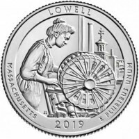 США 25 центов, 2019г. 46-й Национальный исторический парк Лоуэлл США 25 центов, 2019г. 46-й Национальный исторический парк Лоуэлл
