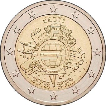 2 евро Эстония 2012г. Серия «10 лет наличному обращению евро»
