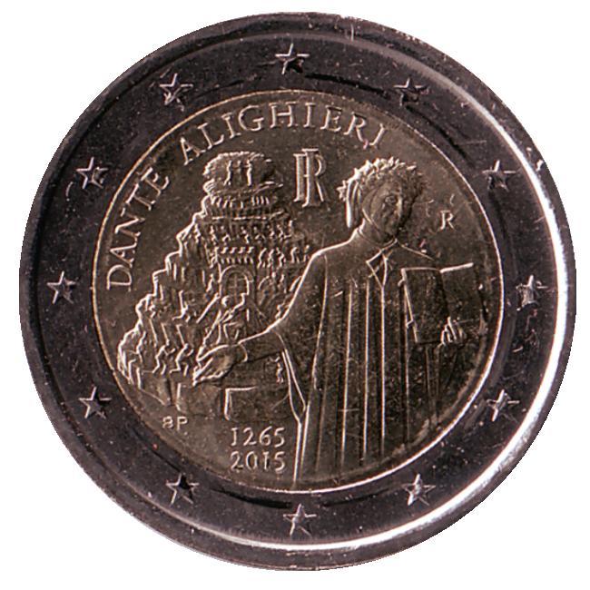 2 евро Италия. 2015 г. 750 лет со дня рождения Данте Алигьери.