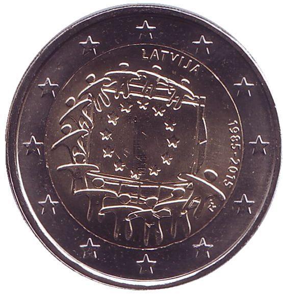 2 евро Латвия. 2015 г. 30 лет Флагу Европы.