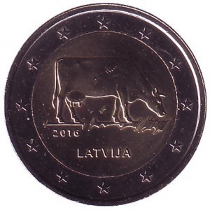 2 евро Латвия. 2016 г. Корова.