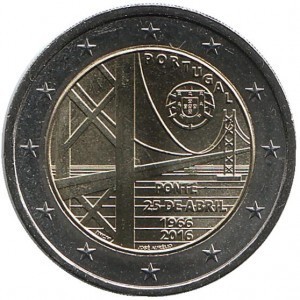 2 евро Португалия. 2016 г. Мост имени 25 апреля.