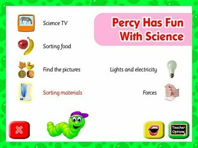 Screenshot of the menu page in Percy has fun with science software