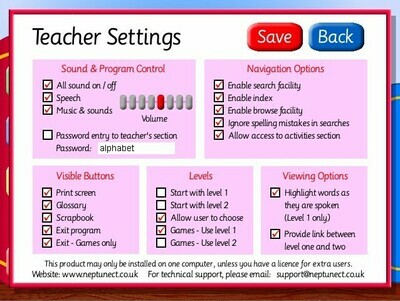 Screenshot of the settings page in the learner's library - musical instruments software