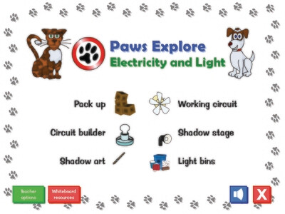 Screenshot of the menu page in PAWS electricity and light software