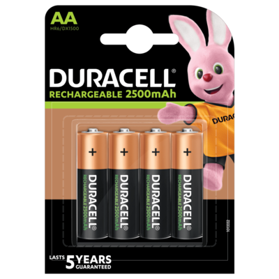 Four rechargeabe Duracell AA batteries