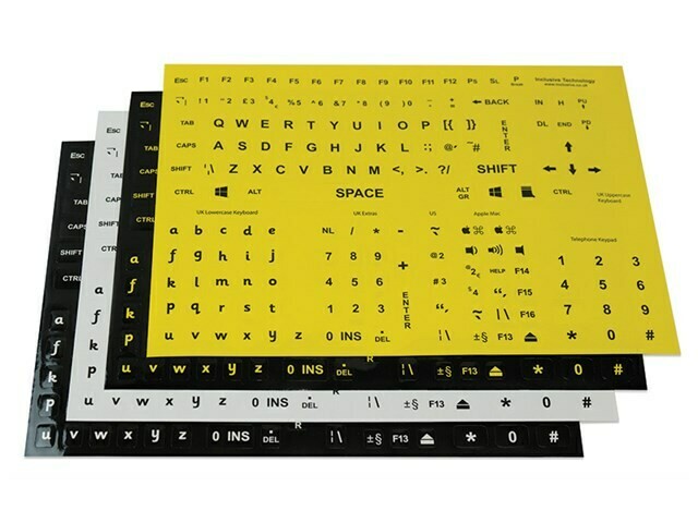 Image showing 4 sheets of keyboard stickers in yellow, black and white backgrounds