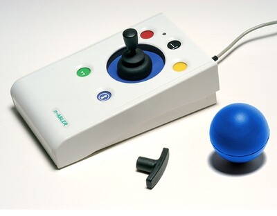 Side view of the nAbler joystick with knob grip used, ball grid and T-bar displayed next to it