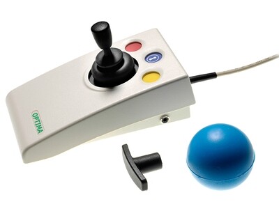 Side view of the optima joystick with knob grip, ball and T-bar grips on the side