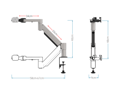 Image showing dimensions of the heavy duty tableclamp onehand mounting arm