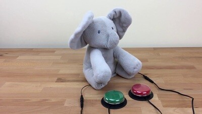 An elephant soft toy with two switches to activate the toy.