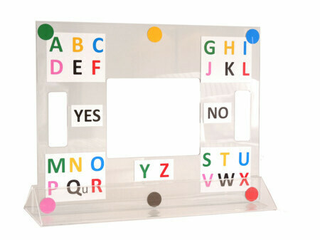 Clear perspex frame with stand, colourful alphabet stickers attached to each corner