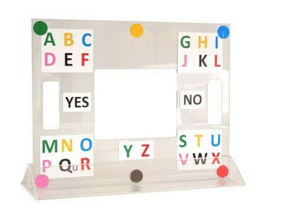 Clear perspex frame with stand, colourful alphabet stickers attached to each corner