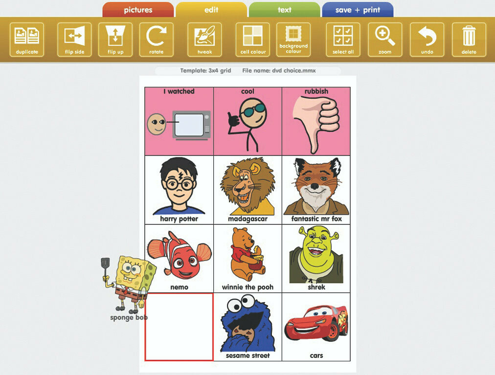 Screenshot of a movie character board designed in matrix maker