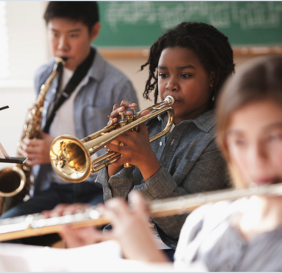 A group of children playing different instruments. 
