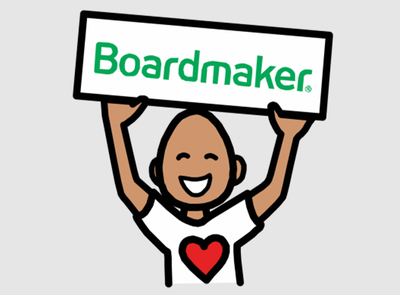 A symbol of a boy holds the Boardmaker 7 logo above his head