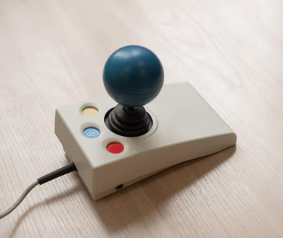 A joystick with colourful buttons and interchangeable T bar or ball grip