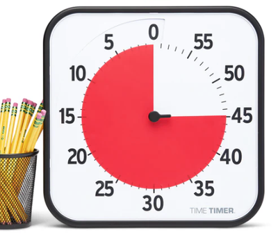 A 30cm Time Timer with a pot of pencils.