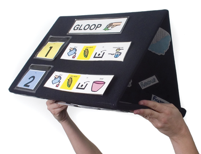 A large velcro Tri-Fold communication display with printed symbols stuck onto it.