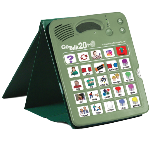 Green gotalk stand holding a GoTalk 20+ device upright