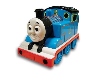 Blue and red Thomas the tank engine train with a smiley face