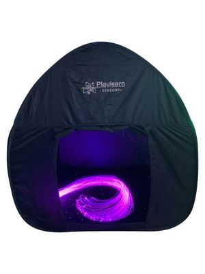 Lit pink fibre optic strands in a dark tent