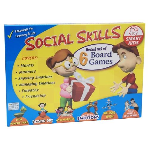 Social Skills - 6 Board Games Yellow box with red lettering holding social skills board games