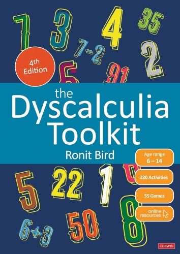 Blue book cover with colourful numbers. Title in white states The Dyscalculia Toolkit