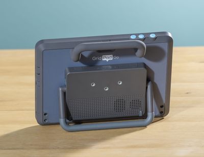 Back view of Grid Pad Go with handle, stand and speakers